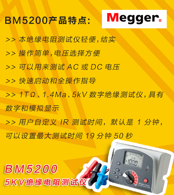MEGGER,<a href='http://dlhyyoga.com/tongyi.html'>絕緣電阻</a>測(cè)試儀,BM5200